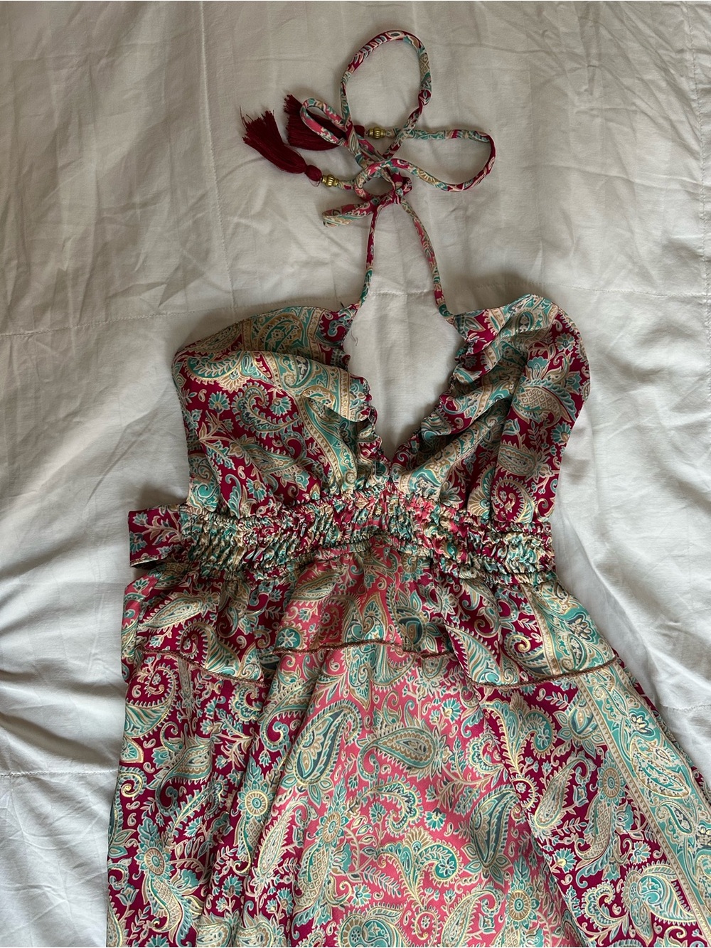 BAYA Phucket Boho Halter Maxi Dress in Burgundy Green Gold Paisley Pattern